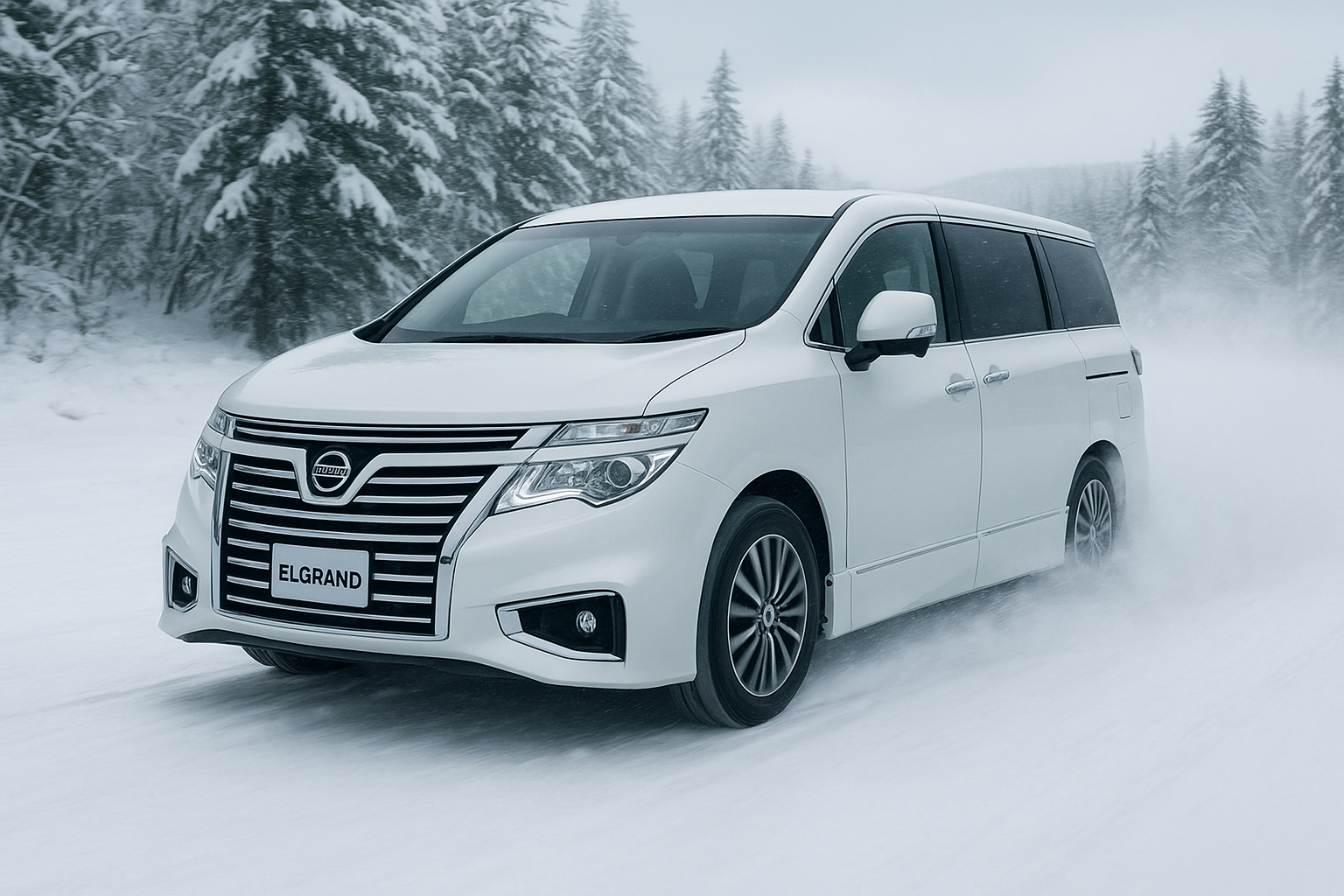 White Fourth Generation Nissan Elgrand driving in the snow
